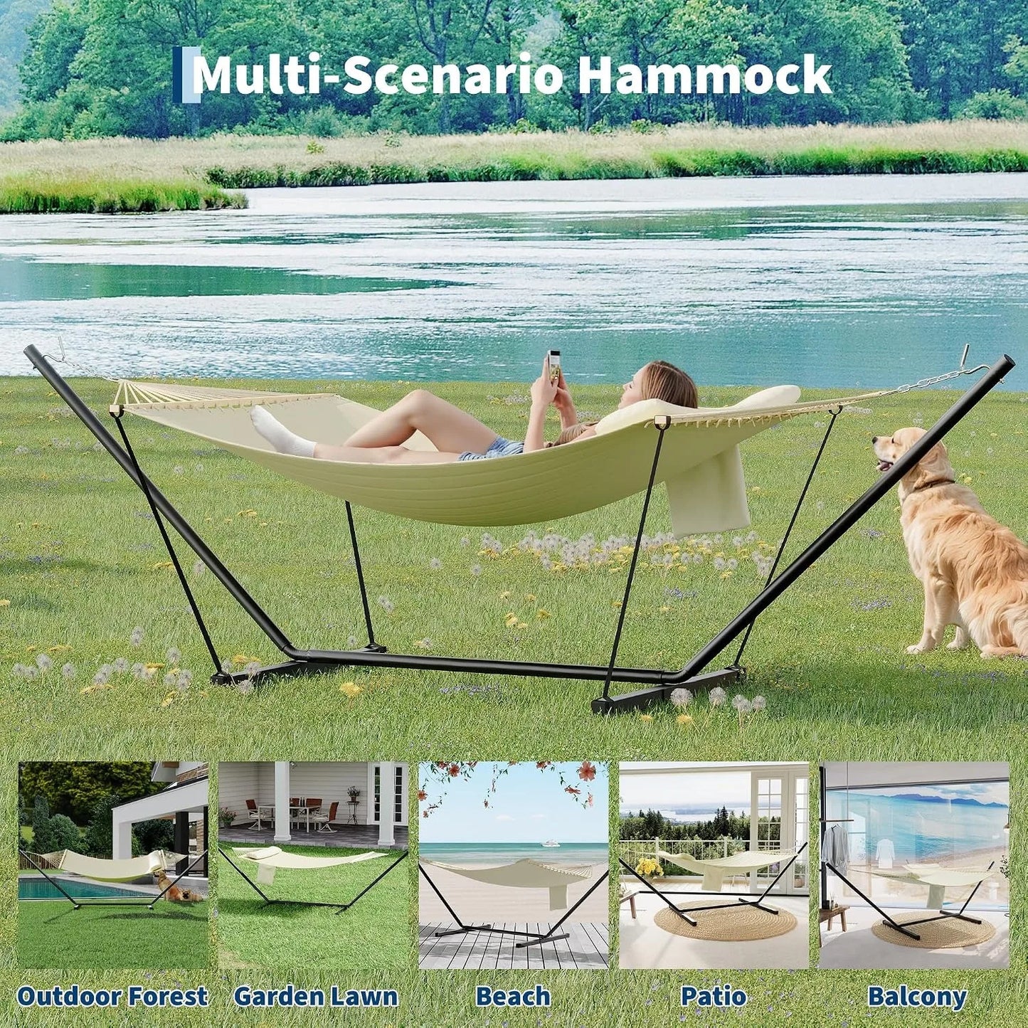 2-Person Hammock with Stand for Outside, 450lbs Double Hammock with Balance Rope and Pillow, Polyester Hammock Set for Backyard Poolside Camping Beach, Off White