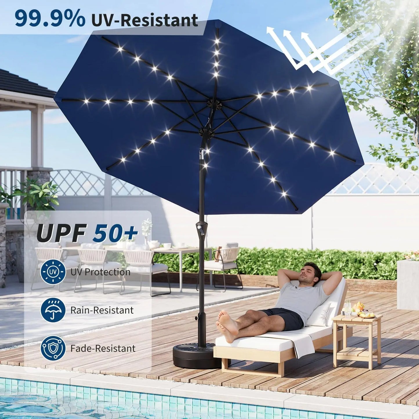 9ft/10ft Solar Patio Umbrella with 32 LED Lights, UPF 50+ UV Protection, Waterproof Fade-Resistant Vented Canopy, Crank Lift & Push-Button Tilt, 8-Rib Market Table Umbrella
