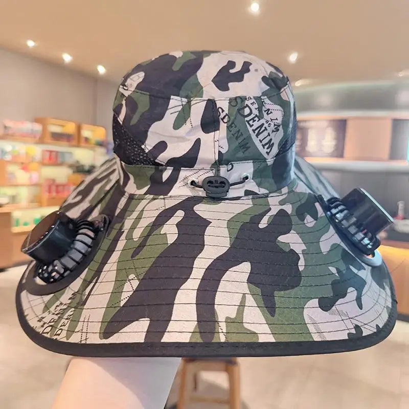 Large Size Quick Dry Bucket Hat With Solar Powered Fan USB Charging Sun Hat For Men Outdoor Hiking Camping Fishing Cooling Wear