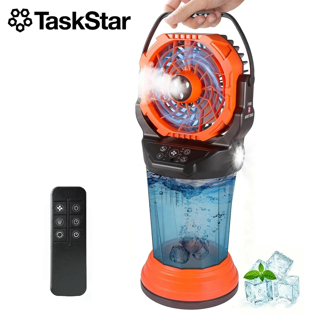 TaskStar Portable Misting Fan 33000mAh Large Rechargeable Battery Powered Outdoor Cooling Fan with Remote Control&2L Tank, Grip Handle Camping Fan with Ambient Lighting, 120° Auto-Oscillation, Timer Function