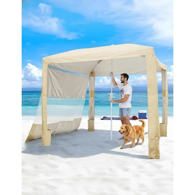Beach Cabana, 8 x 8 ft Beach Canopy with Side Wall, UPF 50+ Protection Easy Setup Cabana Tent with Sand Pockets, Adjustable Height Portable Shade Sun Shelter Umbrella for Family & Friends, Khaki