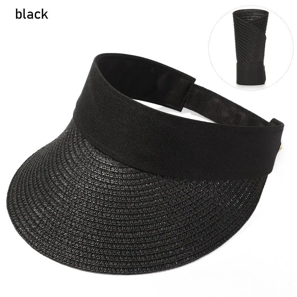 Foldable Portable Beach Hat Wide Brim Sun Hat Roll-up Summer Casual Straw Cap Visors For Women