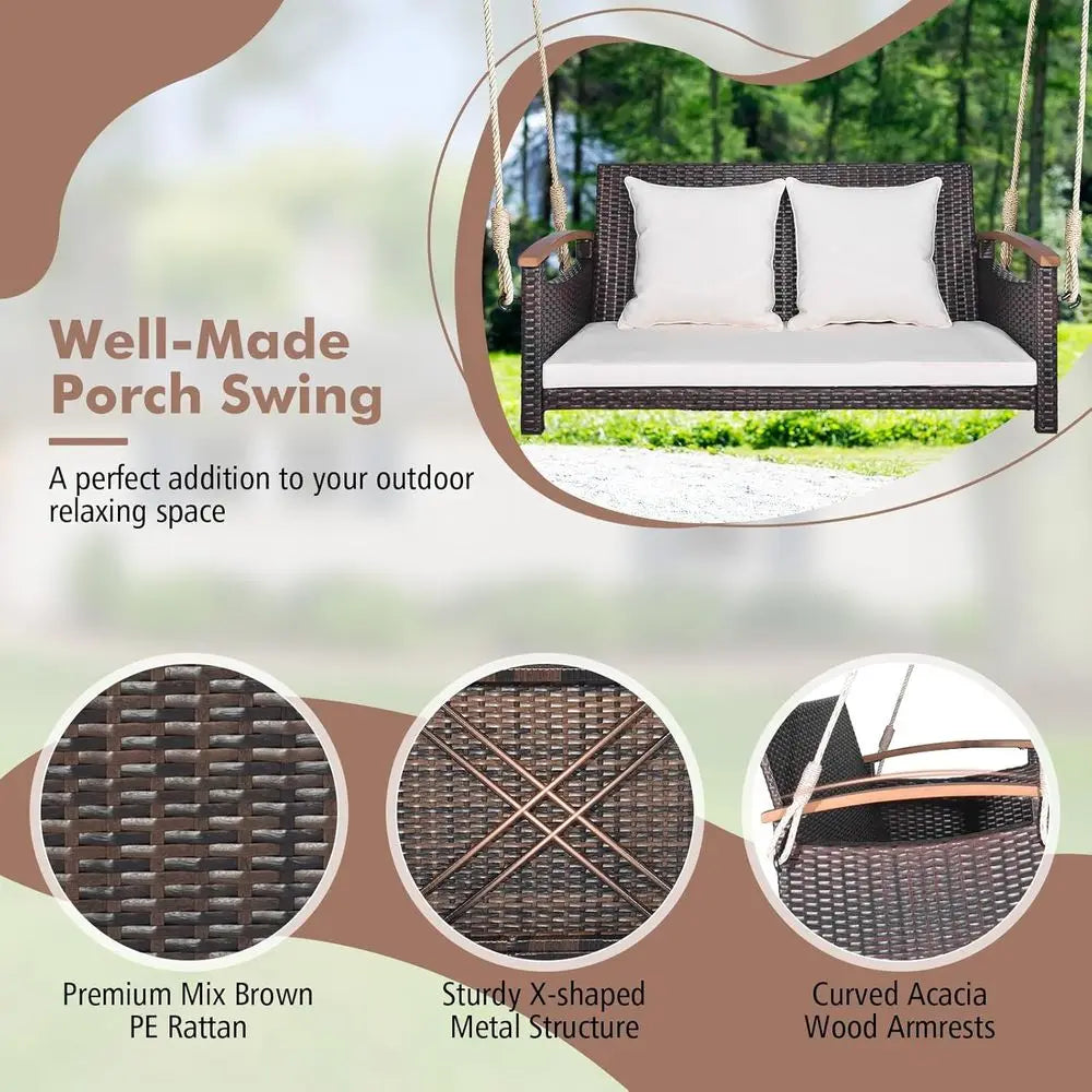 Outdoor Hanging Swing Bench with Cushions, Acacia Wood Armrests, Creamy White