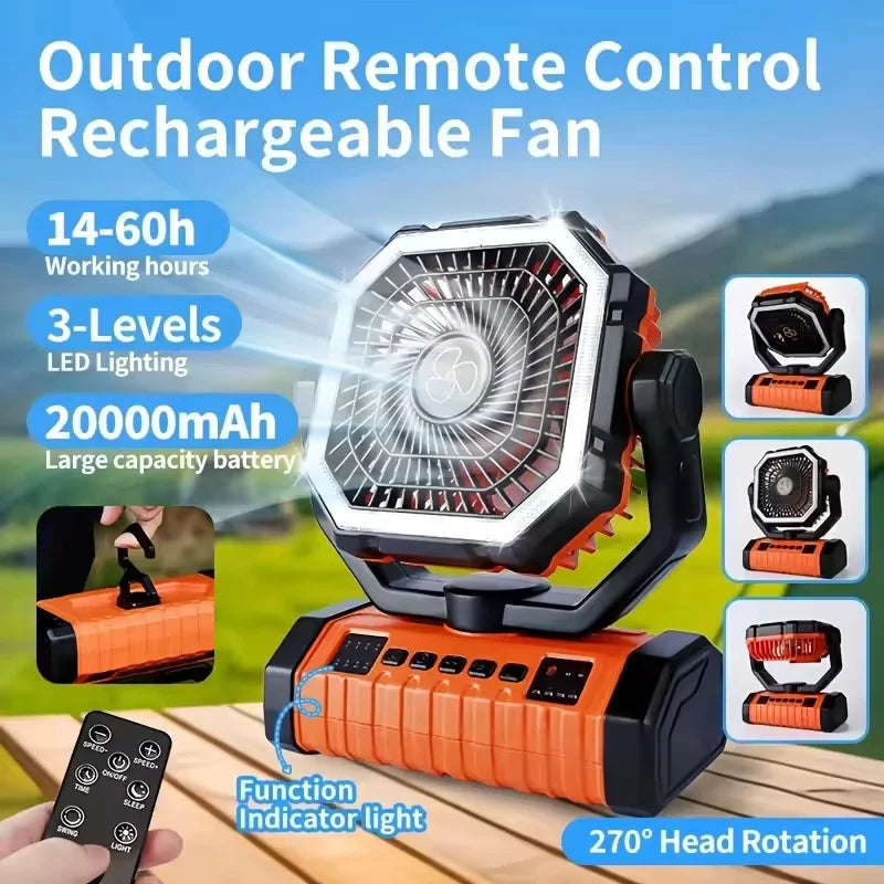 20000mAh Camping Fan with LED Light Portable Outdoor Tent Fan 270° Adjustable 100 Wind Speeds Timer Hook USB Rechargeable Power Bank For Travel Picnic Fishing