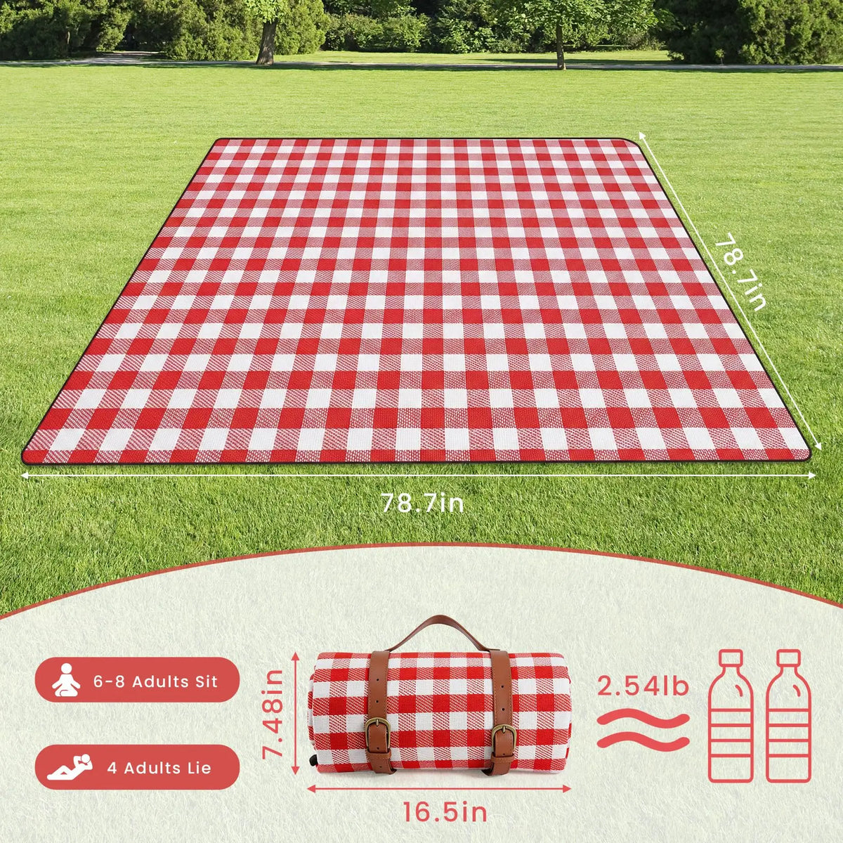 Extra Large Waterproof Picnic Blanket 79x79 Inch 3 Layer Sandproof Outdoor Mat With Soft Acrylic Top And TPU Backing Portable For Beach Park Camping Lawn Red White Checkered