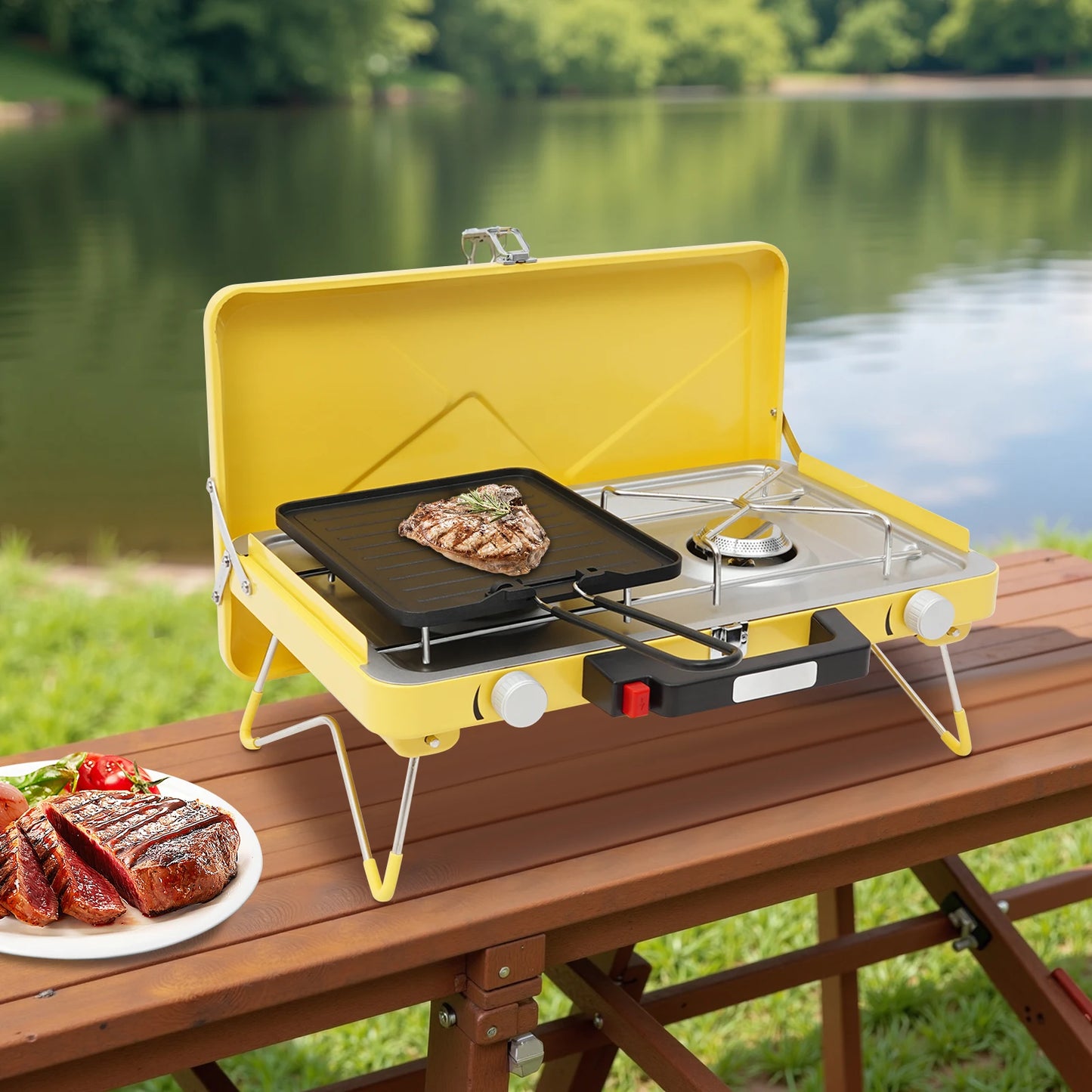 2-Burner Foldable Outdoor Cooker, Compact Portable Camp Cooking Range, Dual Flame Backpack Stove for Wilderness Hiking & Backcountry Trips