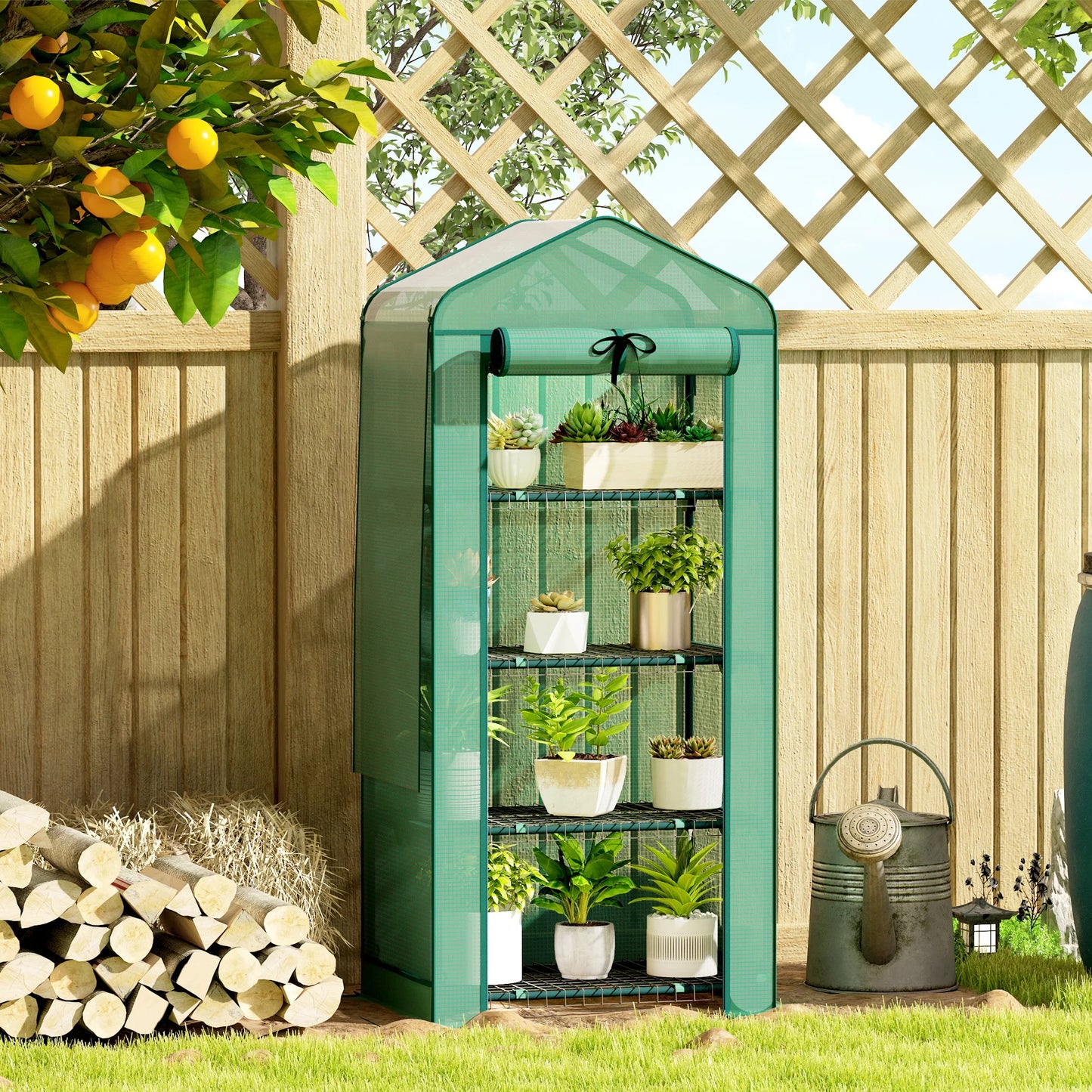 4 Tier Mini Greenhouse w/ Screen Roof, Reinforced PE Cover, Green