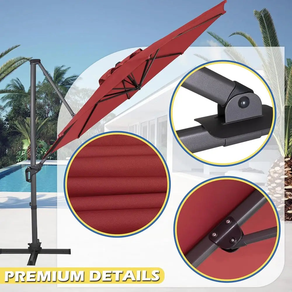 10ft Rotating Cantilever Umbrella with 360° Swivel, 8 Ribs, Fade-Resistant, Waterproof for Outdoor Patio, Garden, Poolside