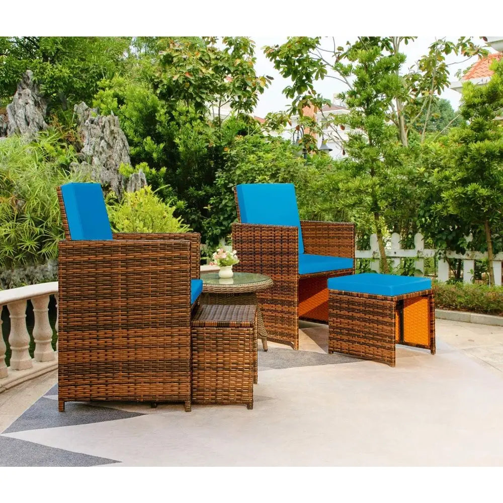 4 Piece Patio Wicker Furniture Set With Cushioned Chairs And Ottomans