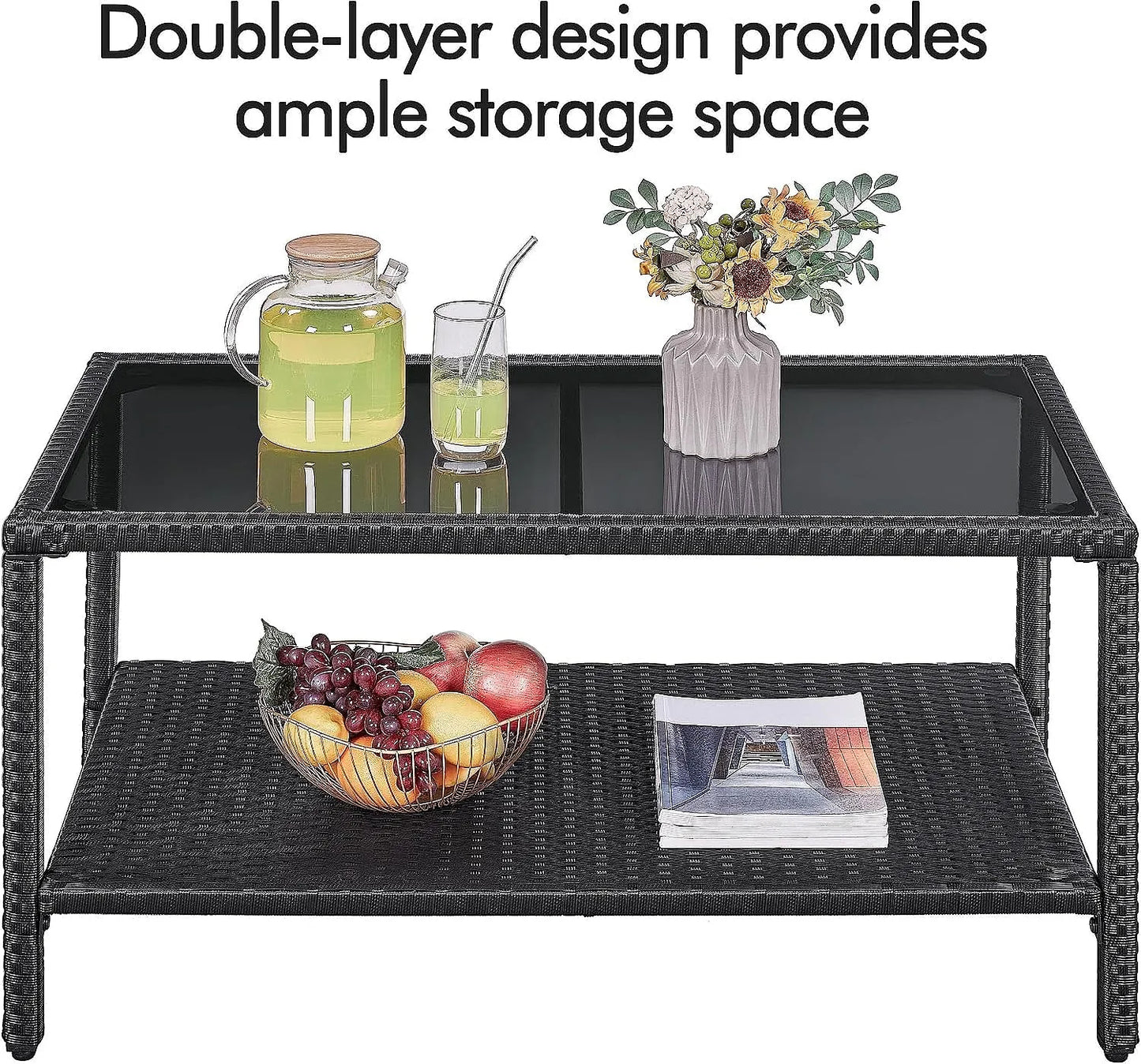 Outdoor Wicker Coffee Side Table All-Weather Rattan Patio Storage with Tempered Glass Top Black