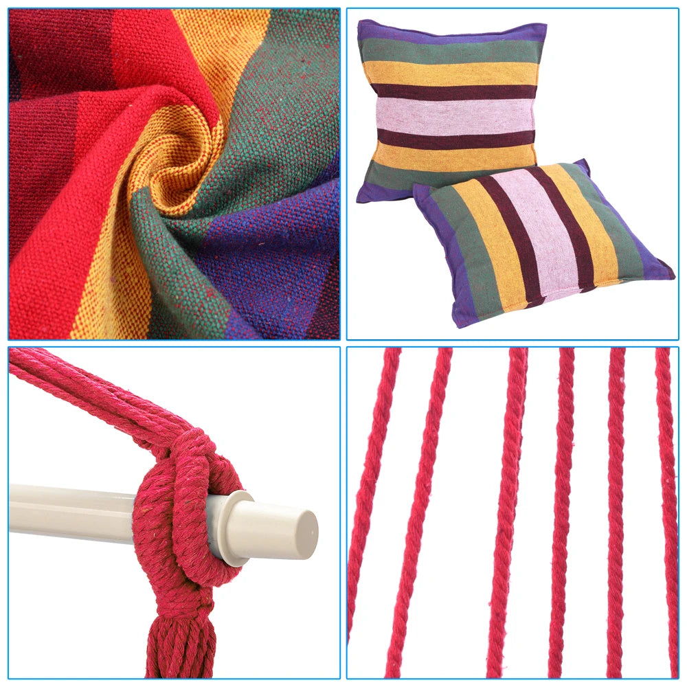 Outdoor Hanging Rope Chair Distinctive Cotton Canvas with 2 Pillows Rainbow 250 Lbs Capacity for Garden Patio Porch Swing