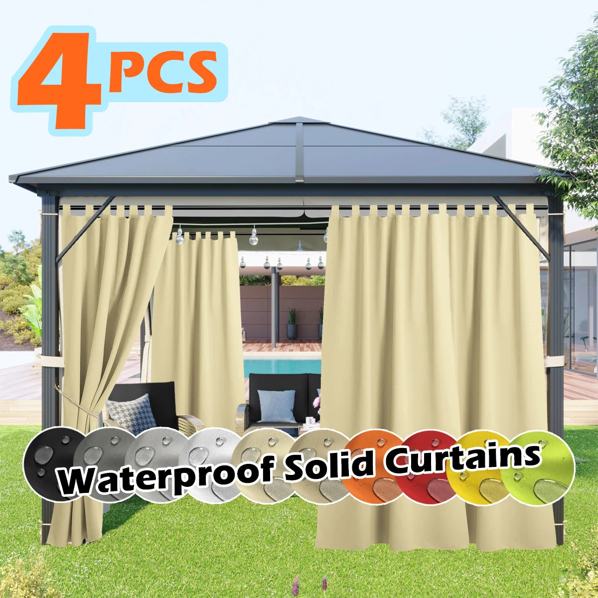 4 Panels Outdoor Curtains, Waterproof & UV-Resistant Tab Top Design for Porch, Pergola, Cabana, Gazebo Decor
