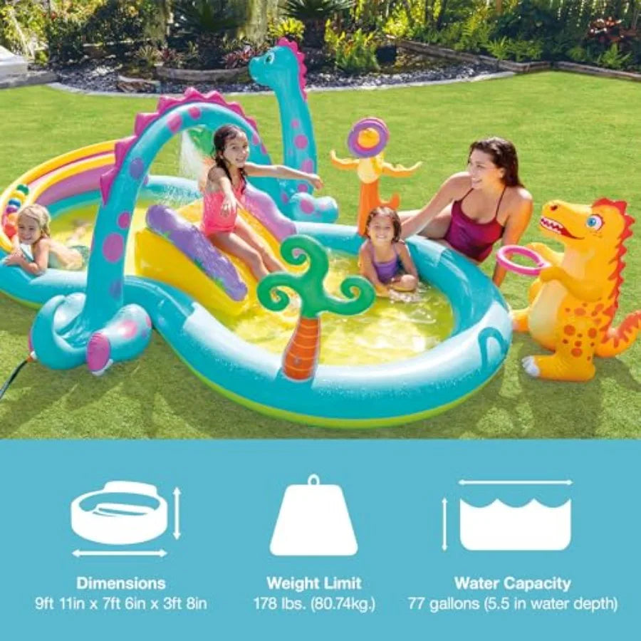 Dinoland Backyard Iatable Toddler Pool and Ocean Iatable Pool Play Center with Iatable Pool Slide and Water Sprayers, Multicolo