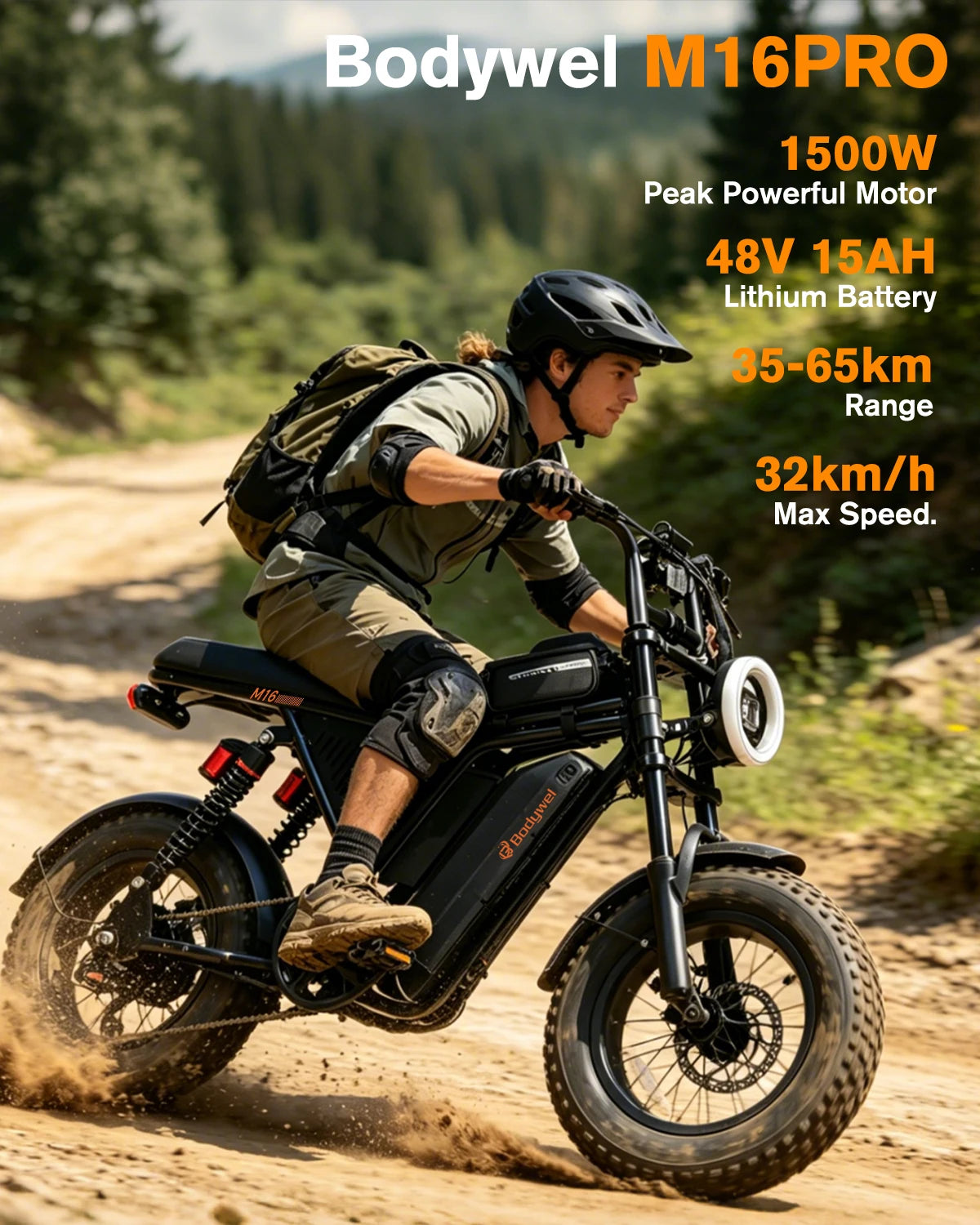 1500W peak Motor Bodywel M16 PRO Fat Tire Electric Bike, 48V 15.6Ah Removable Battery, 40 Mile Range,16"x4.0 Off-Road E-Bike, UL2849–Ships from US