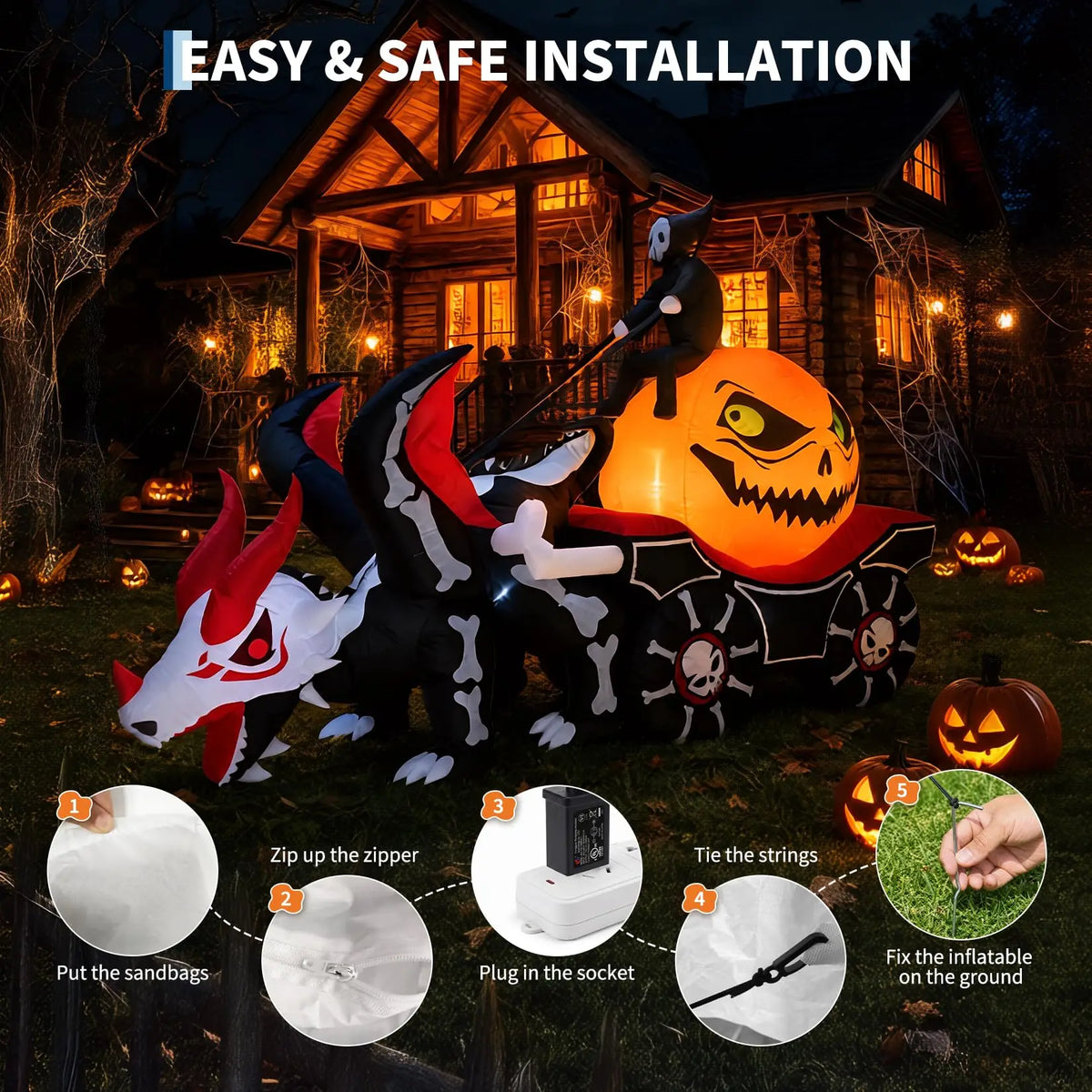 HiMISS Halloween Inflatable Dragon Carriage With LED Lights