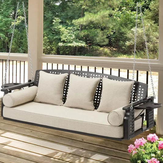 3 Seat Hanging Porch Swing, Patio Swing Bench with Cup Holders & 3 Back Cushions, Swing Chair with Chains or Deck Garden Backyar