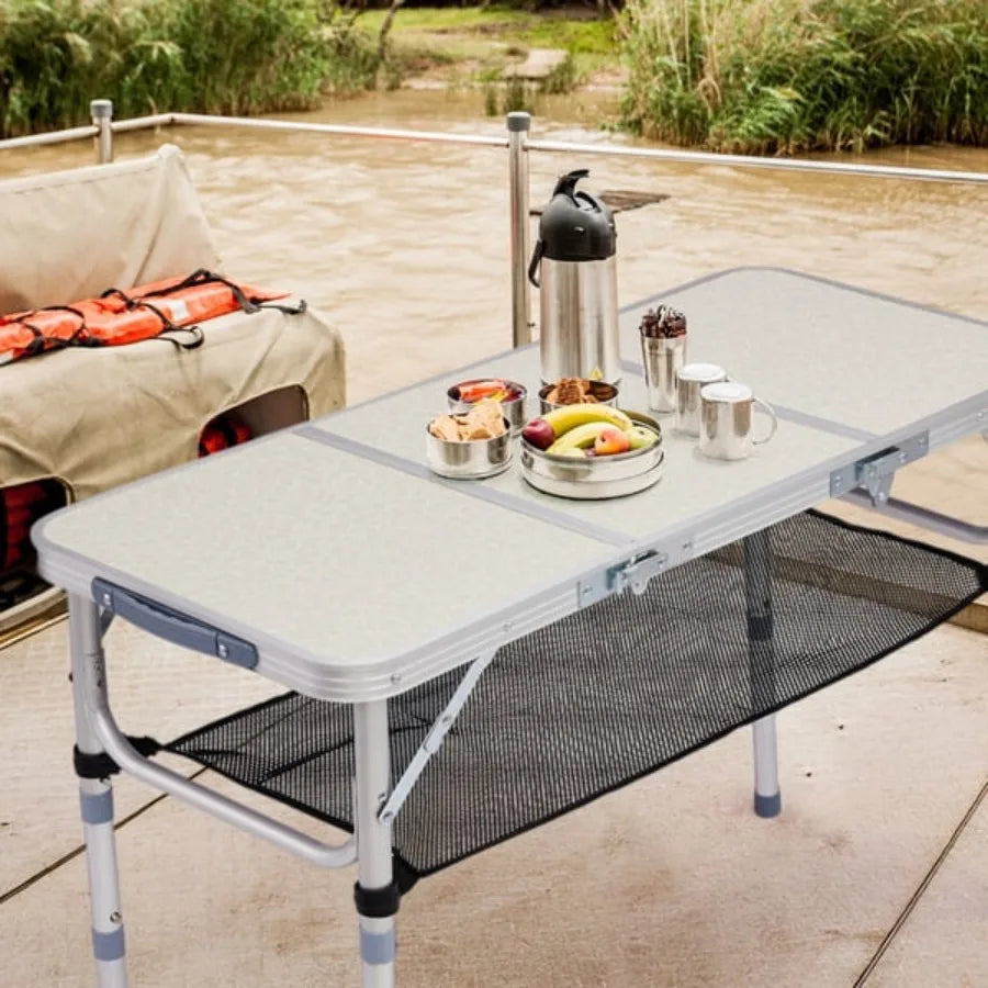 Folding Camping Table 3 Adjustable Heights Aluminum Tabletop Mesh Shelf 110lb Capacity for Camping Picnics Beach Patio