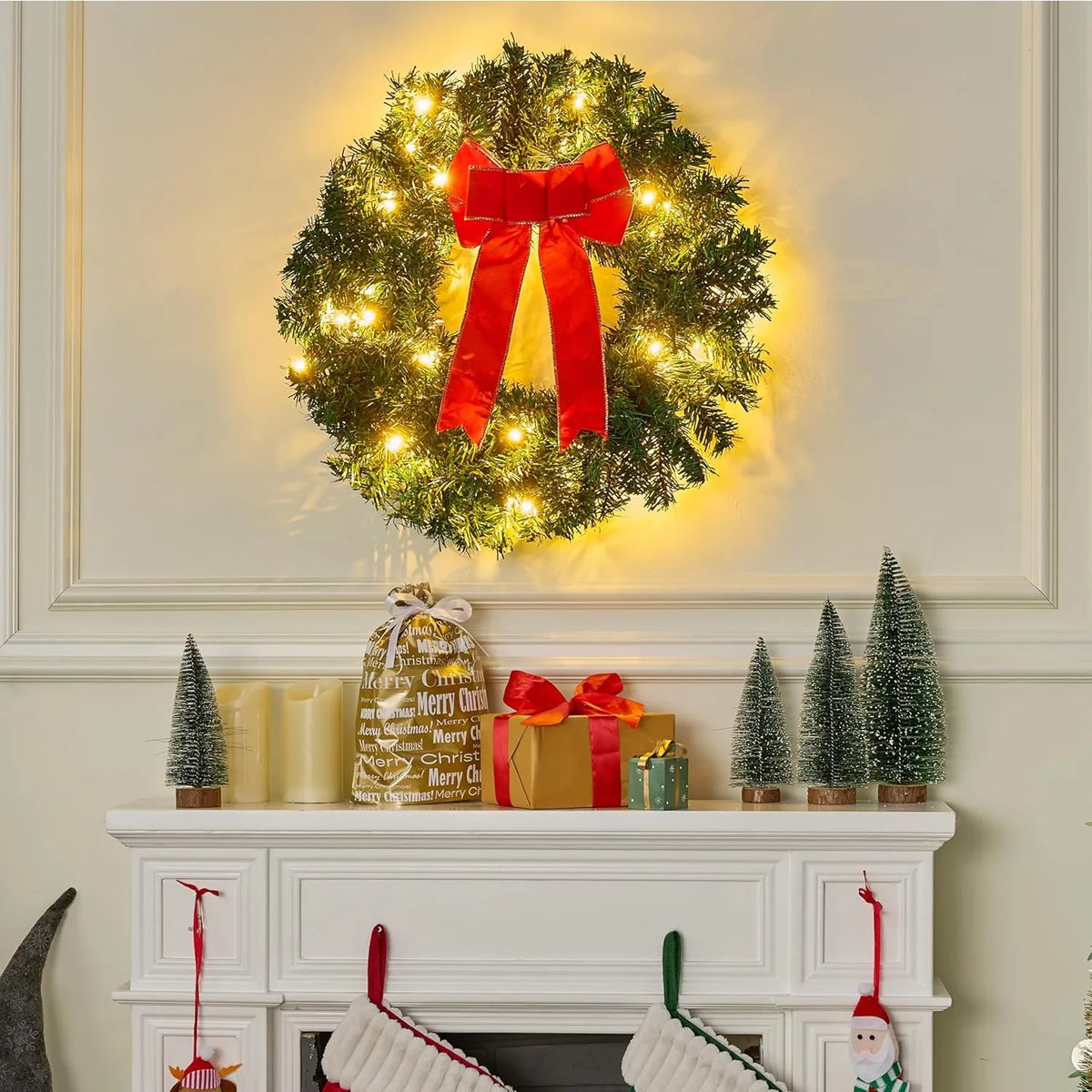 19" Christmas Pre-Lit Wreath with LED Lights with Ribbon 3 Pcs Wreaths for Front Door Windows Living Room and Indoor Outdoor Christmas Decorations Window Door Wreath Battery Operated
