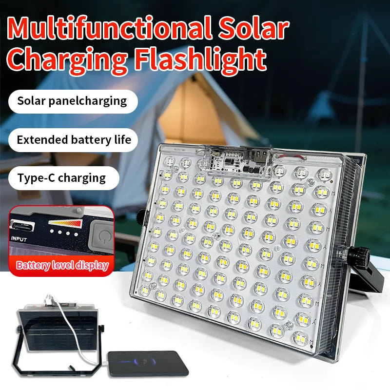 Portable Solar LED Flashlight USB Rechargeable Camping Light with Battery Indicator for Outdoor & Emergency Use