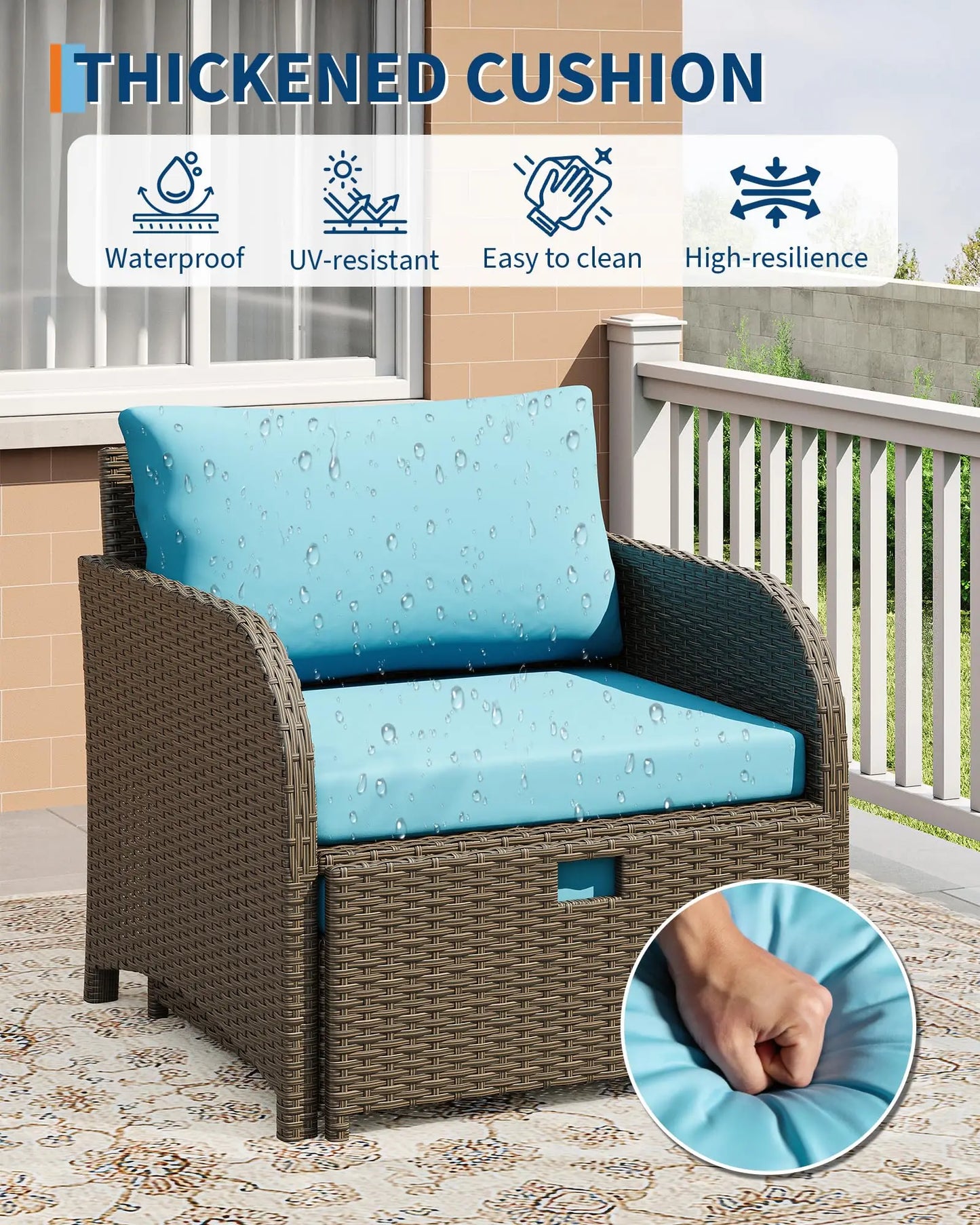HiMISS 5 Piece PE Rattan Patio Set With Ottomans And Glass Table