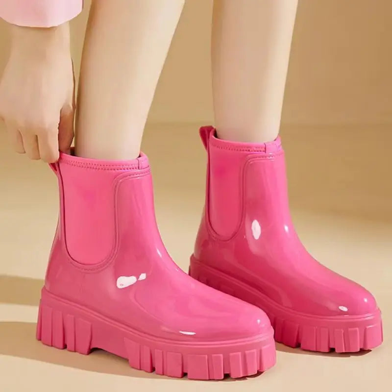 Women Waterproof PVC Rain Ankle Boots Anti Slip Thick Sole