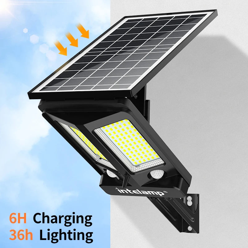 Intelamp 12500 mAh 3000 lm Outdoor Solar Street Lights Larger solar panel Two Motion sensors for garden Courtyard Walk Garage