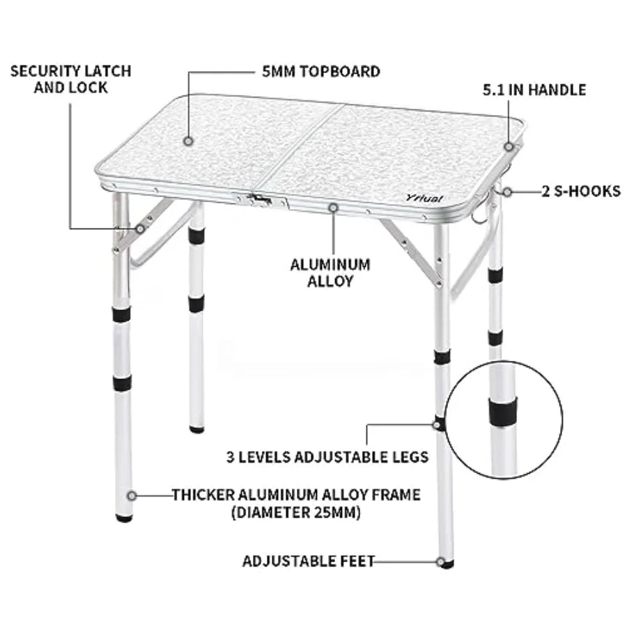 Folding Camping Table 2ft Portable Picnic Table Adjustable Height Small Card Table Aluminum Foldable Lightweight with Carry Han