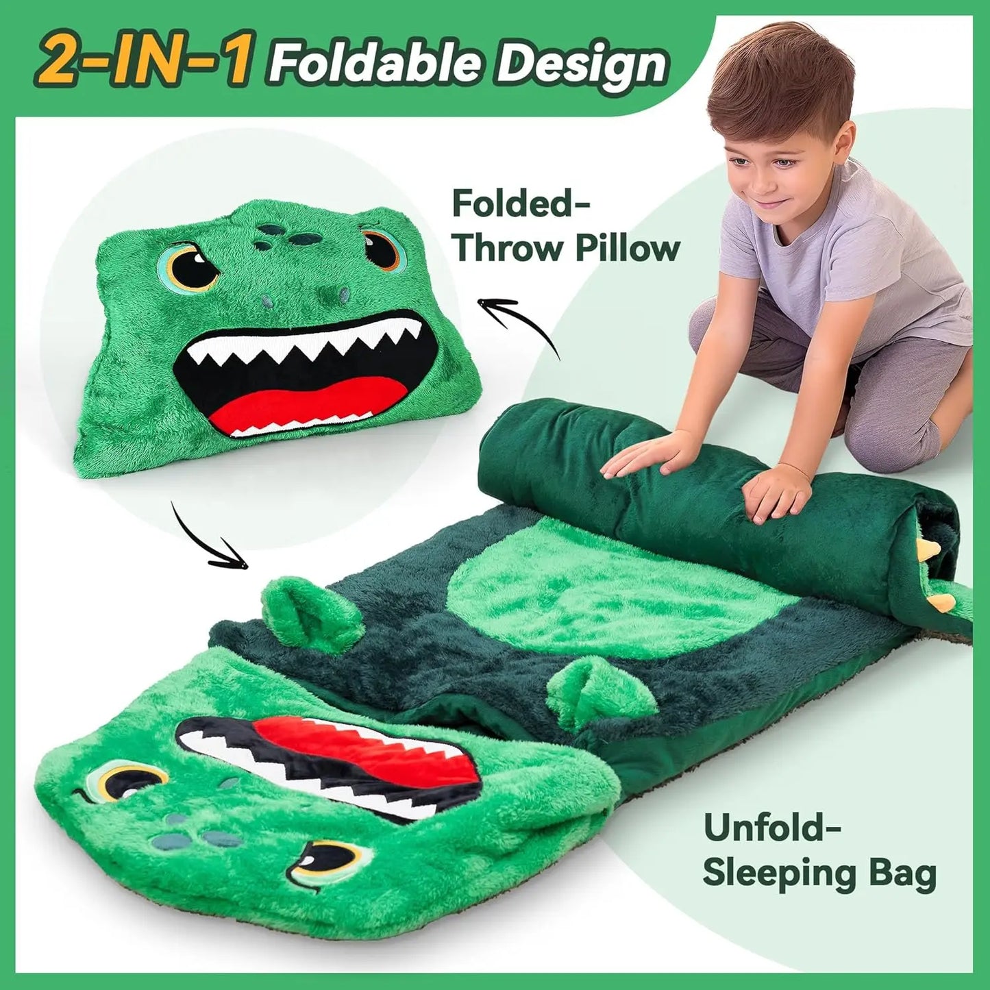 Dinosaur Sleeping Bag for Kids, 2-in-1 Nap Mat & Pillow, Soft Plush Slumber Sack for Travel & Daycare, Ages 3-12