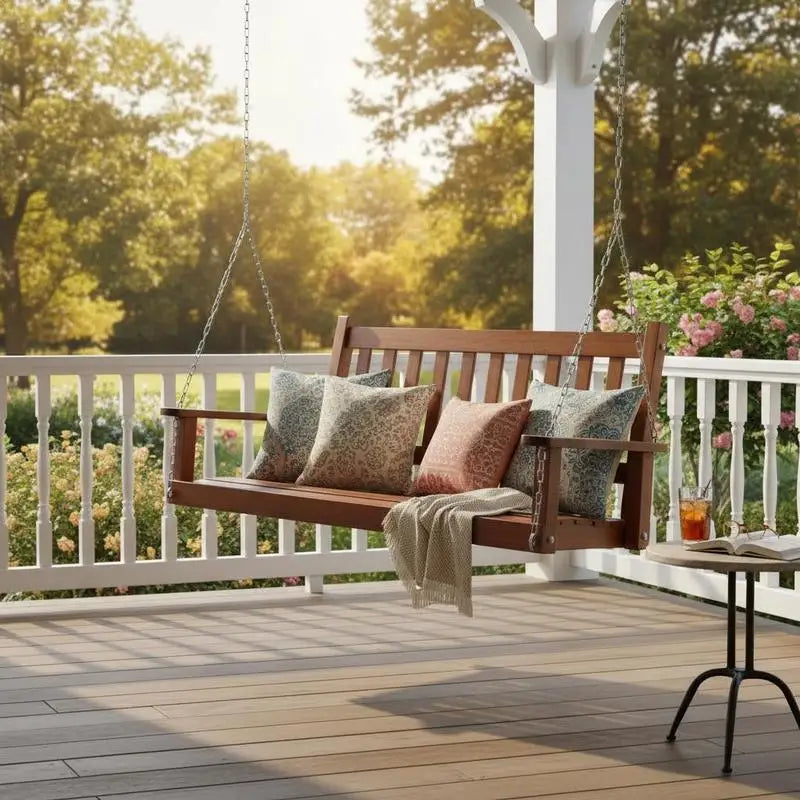 2-Person Wooden Outdoor Porch Swing with 500 Lbs Weight Capacity-Brown