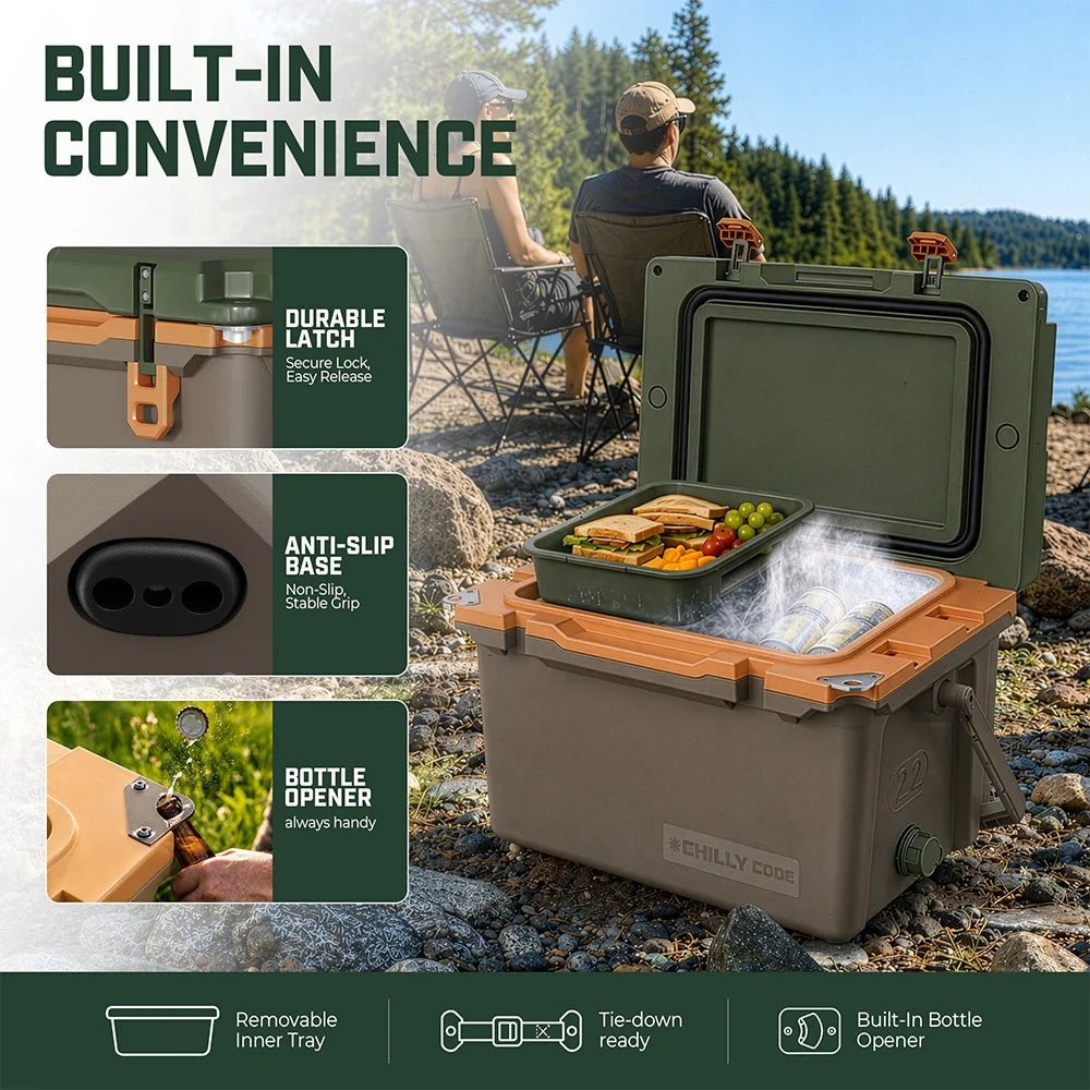 ChillyCode Khaki Grey Ultra Light Hard Cooler, 22QT Refrigerator 7-Day Cooling Leak Proof and Heavy-duty With All Terrain Wheels Suitable For Camping Beach Fishing Boat and Outdoor