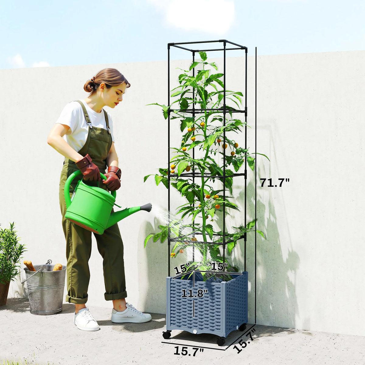 Outsunny Raised Garden Bed with Trellis, 71.7" Tomato Cage, Gray