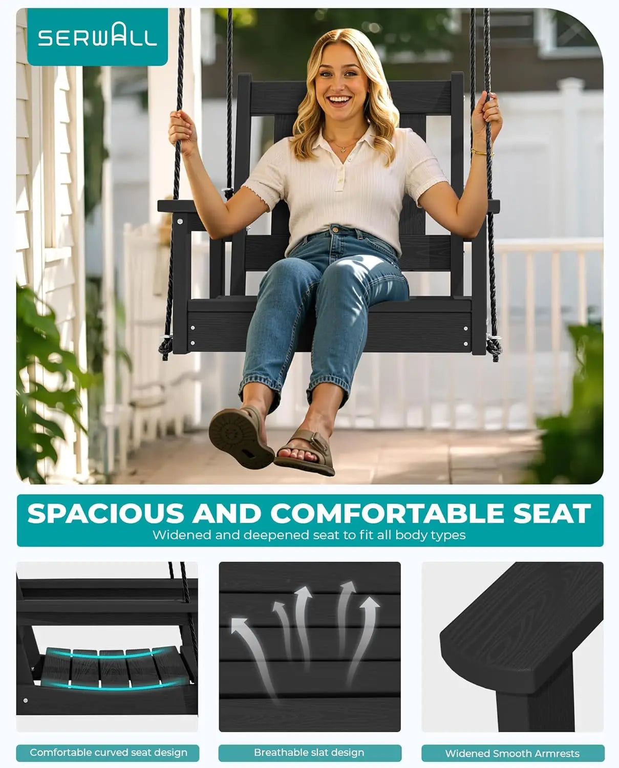 Black HDPE Single Porch Swing with Polypropylene Ropes for Outdoor Front Porch, Patio, Garden - Heavy Duty