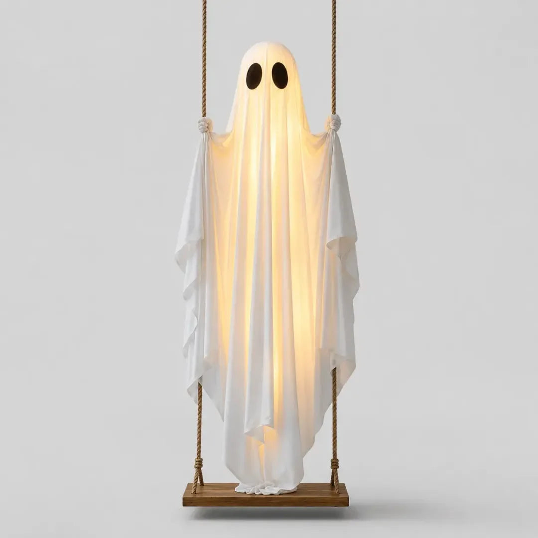 Large Hanging Swinging Ghost Halloween Decoration with LED String Lights Spooky Glowing Outdoor Decor for Front Porch Yard Party