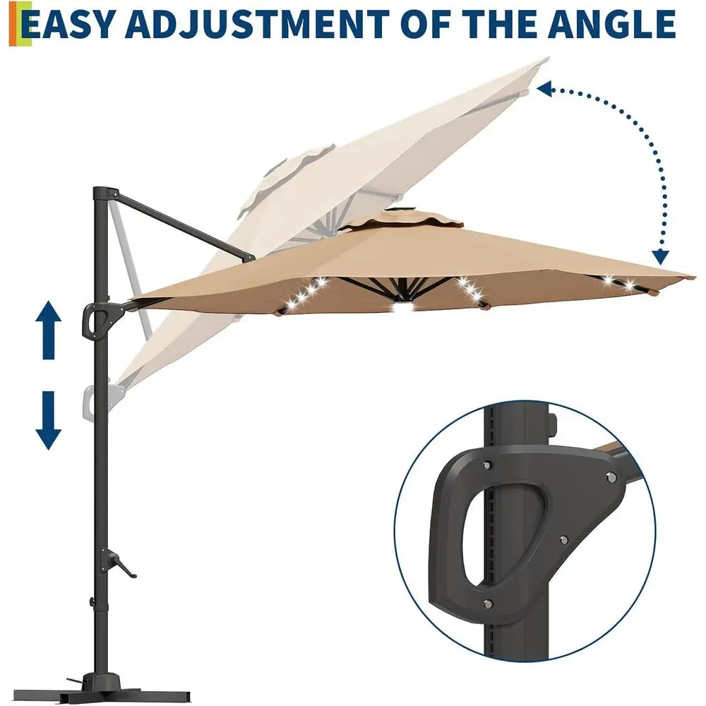 10-Foot Outdoor LED-lit Cantilever Umbrella with Windproof Design and 360-Degree Rotation, Base Included, Tan