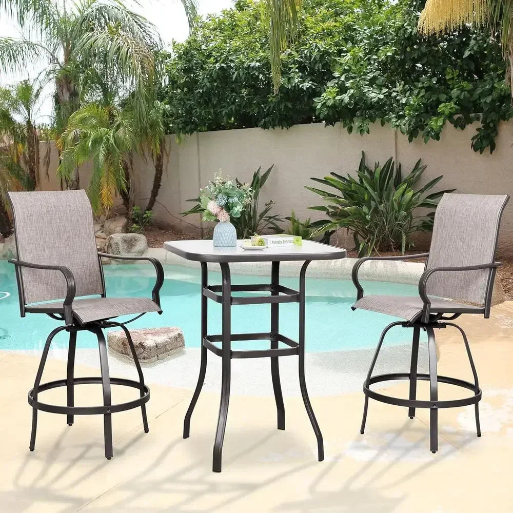 All-Weather Outdoor Swivel Bar Set with 2 High Chairs and Glass Table in Taupe