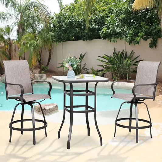 All-Weather Outdoor Swivel Bar Set with 2 High Chairs and Glass Table in Taupe