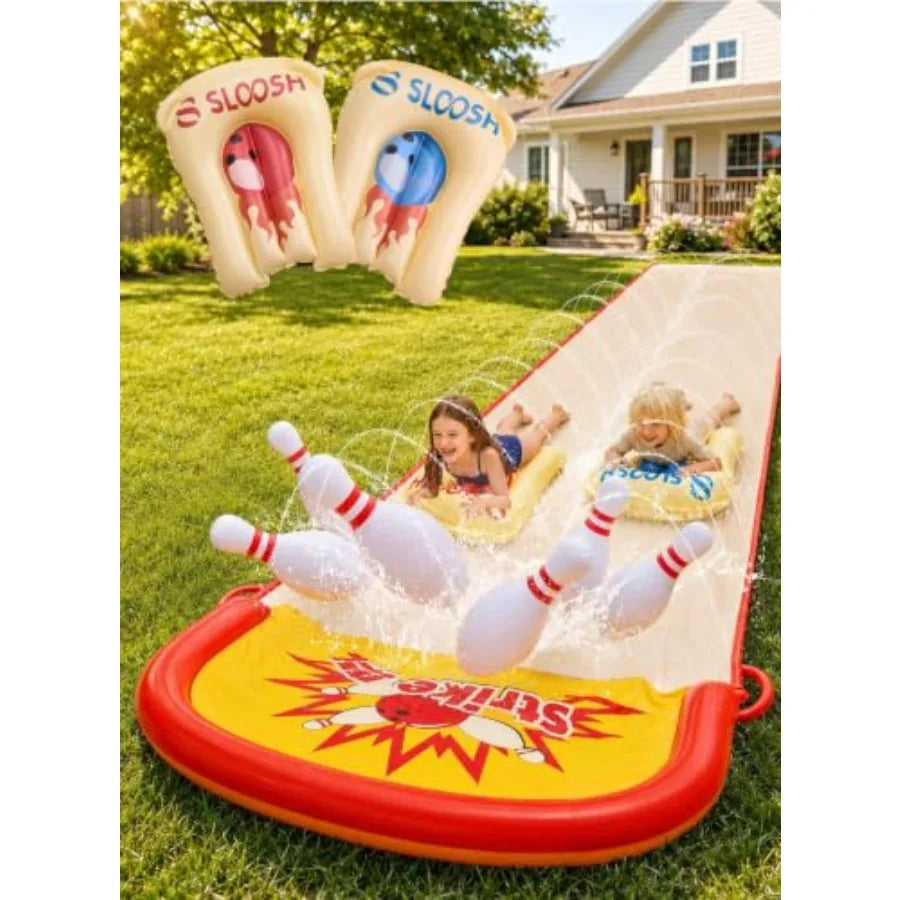 20FT Lawn Water Slide Bowling Game Set for backyard outdoor fun, PVC material, blue and yellow, built-in sprinkler and 2 bodybo