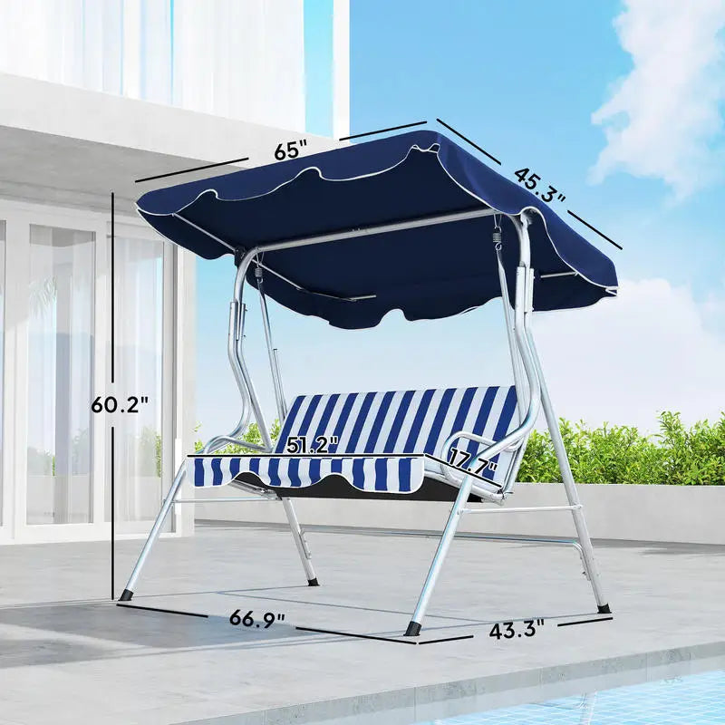3-Person Porch Swing with Canopy, Patio Swing Chair, Outdoor Canopy Swing Bench with Adjustable Shade, Cushion and Steel Frame, Dark Blue & White Striped