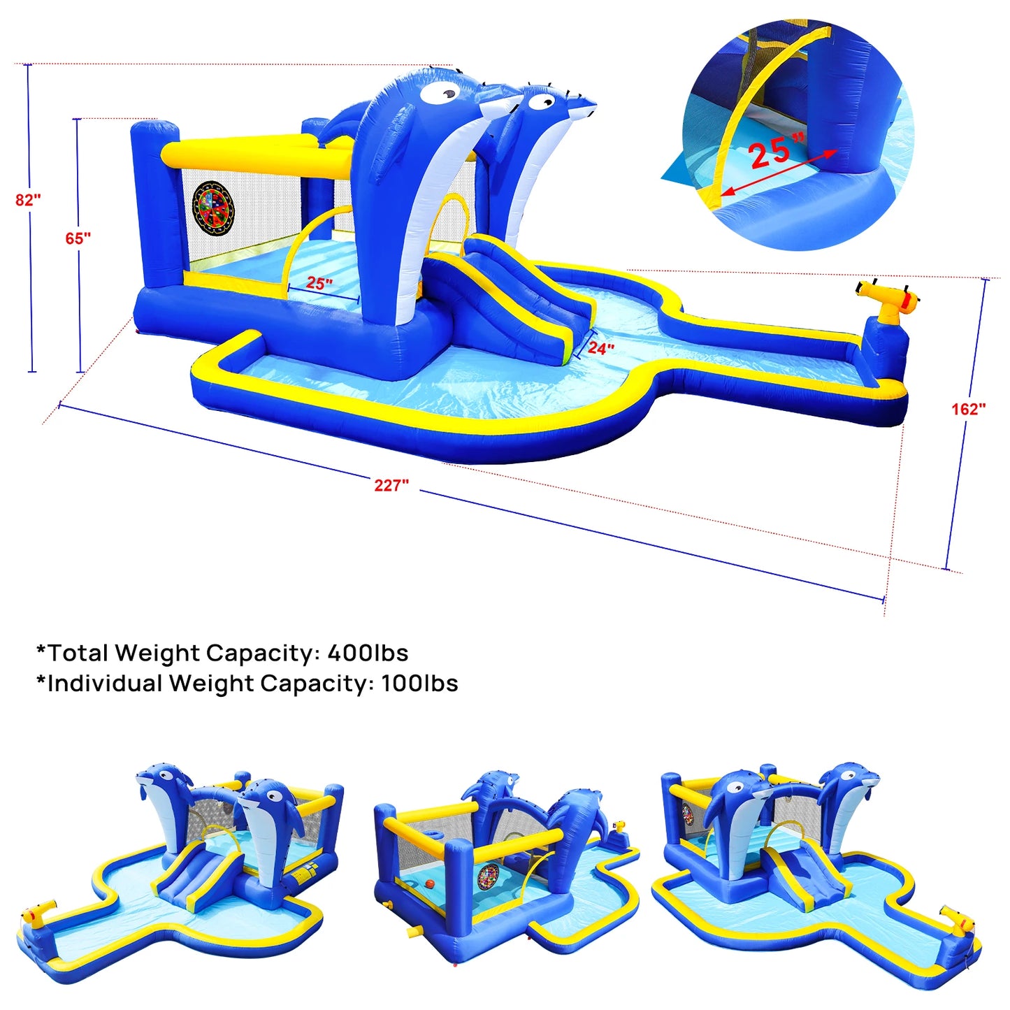 Inflatable Bounce House Wet Dry Water Slide Kids Jumping Castle For Outdoor Backyard with Dolphin sprinkler & Target games