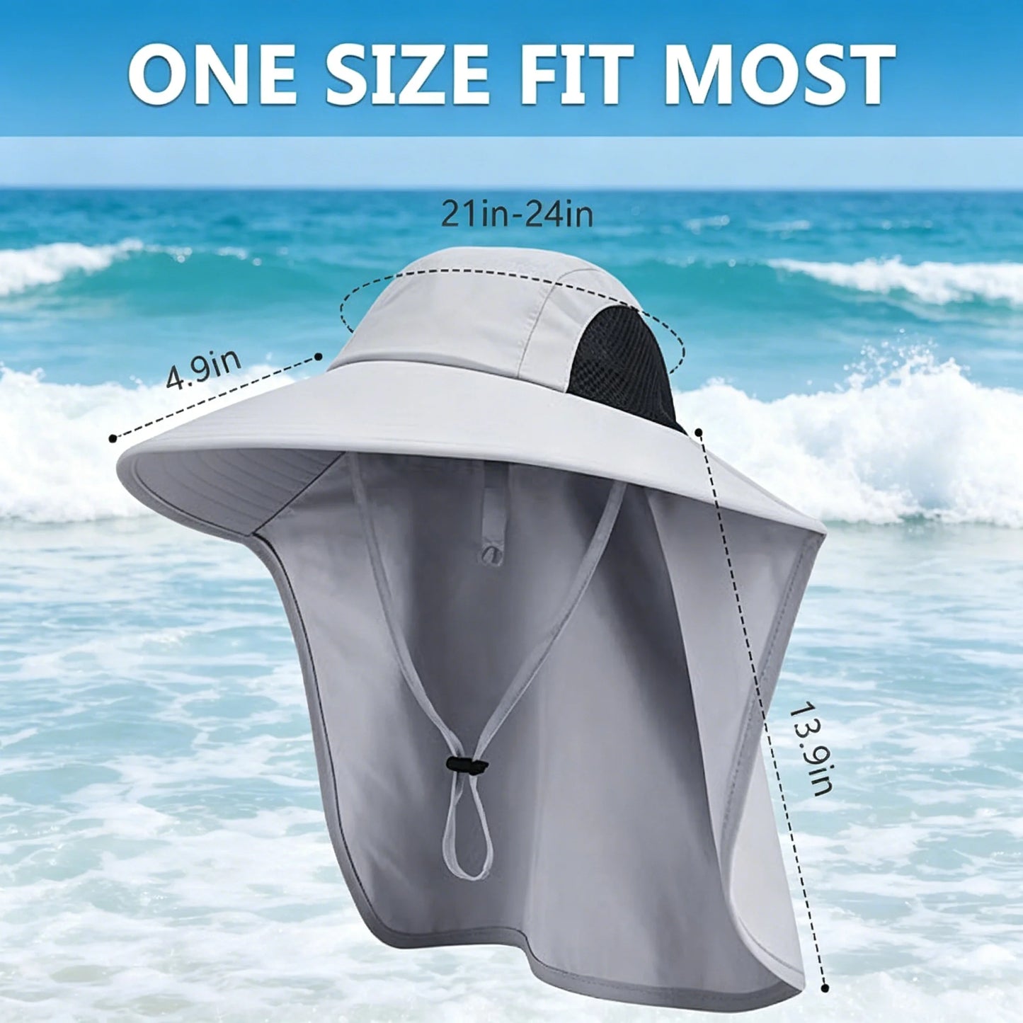 Grey Unisex Wide Brim Sun Hat With Neck Flap UPF 50+ UV Protective Lightweight Outdoor Cap For Fishing Hiking Beach Camping Gardening