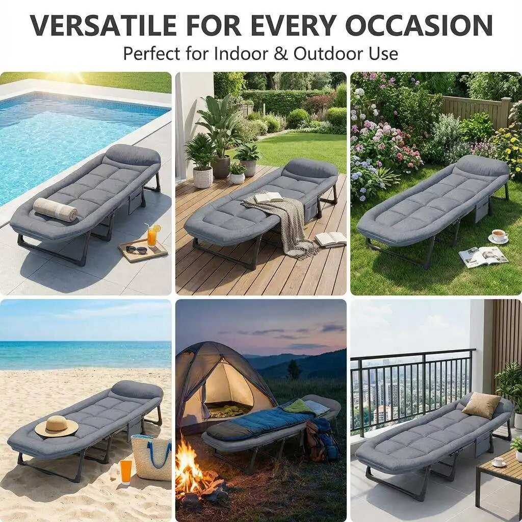 Portable Folding Bed 6-Position Adjustable Camping Cot with Soft Padded Mattress Heavy Duty Steel Frame Office Nap Recliner Single Guest Sleeping Bed Space-Saving Lounger for Outdoor Travel