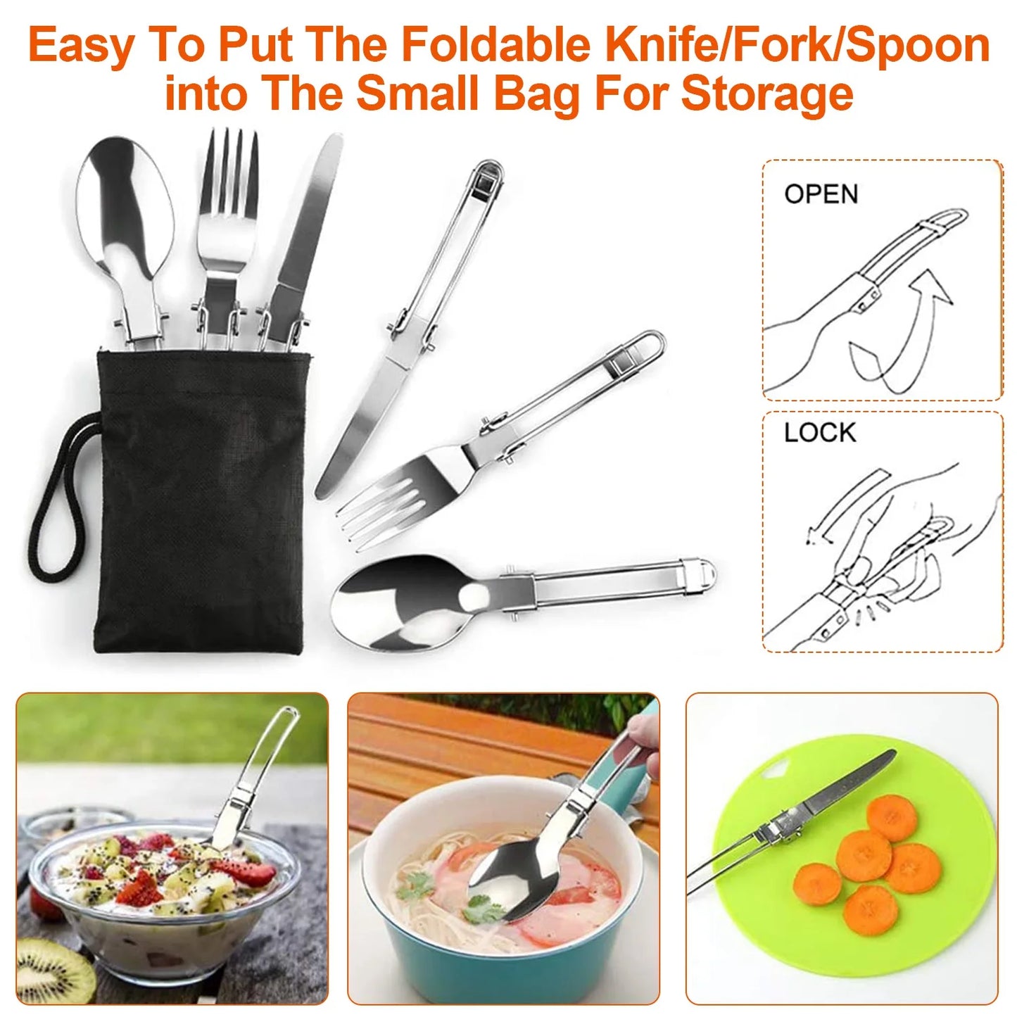 16Pcs Complete Camping Cookware Mess Kit, Lightweight Hard Anodized Aluminum Outdoor Cooking Set with Pot, Pan, Kettle, Foldable Spoon Fork Knife Soup Spoon, 3 Plastic Bowls, Wooden Spatula, Cutting Board, Cleaning Tool, Cara