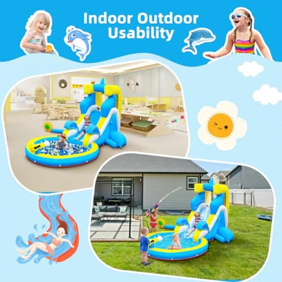Iatable Water Slide: 4 in 1 Bounce House Water Park Dolphin Style for - Climbing Wall Splash Pool Water Cannon - 370W Blower -