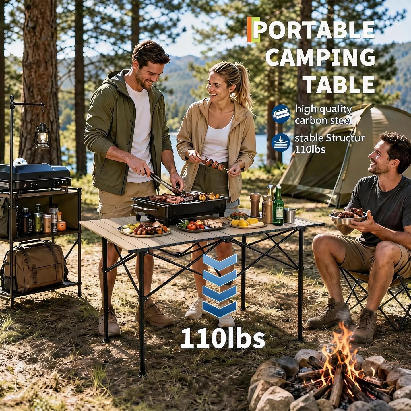 47x28x30in Folding Camping Table, Portable Aluminum Roll Up Table With Carry Bag, 110lb Outdoor Picnic BBQ Patio Table For Beach Backyard