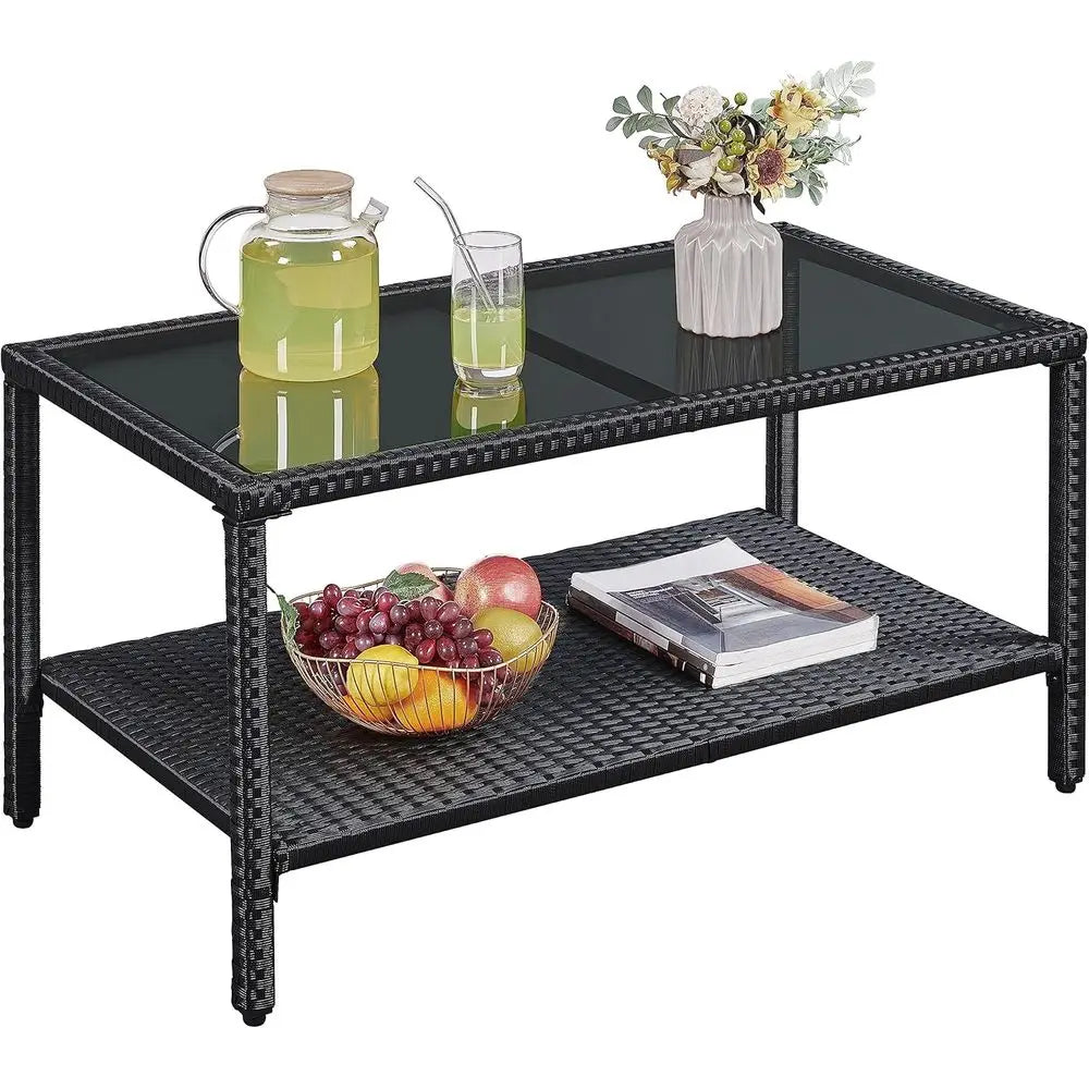 All-Weather Rattan Outdoor Side Table with Tempered Glass Top for Patio or Garden, Black