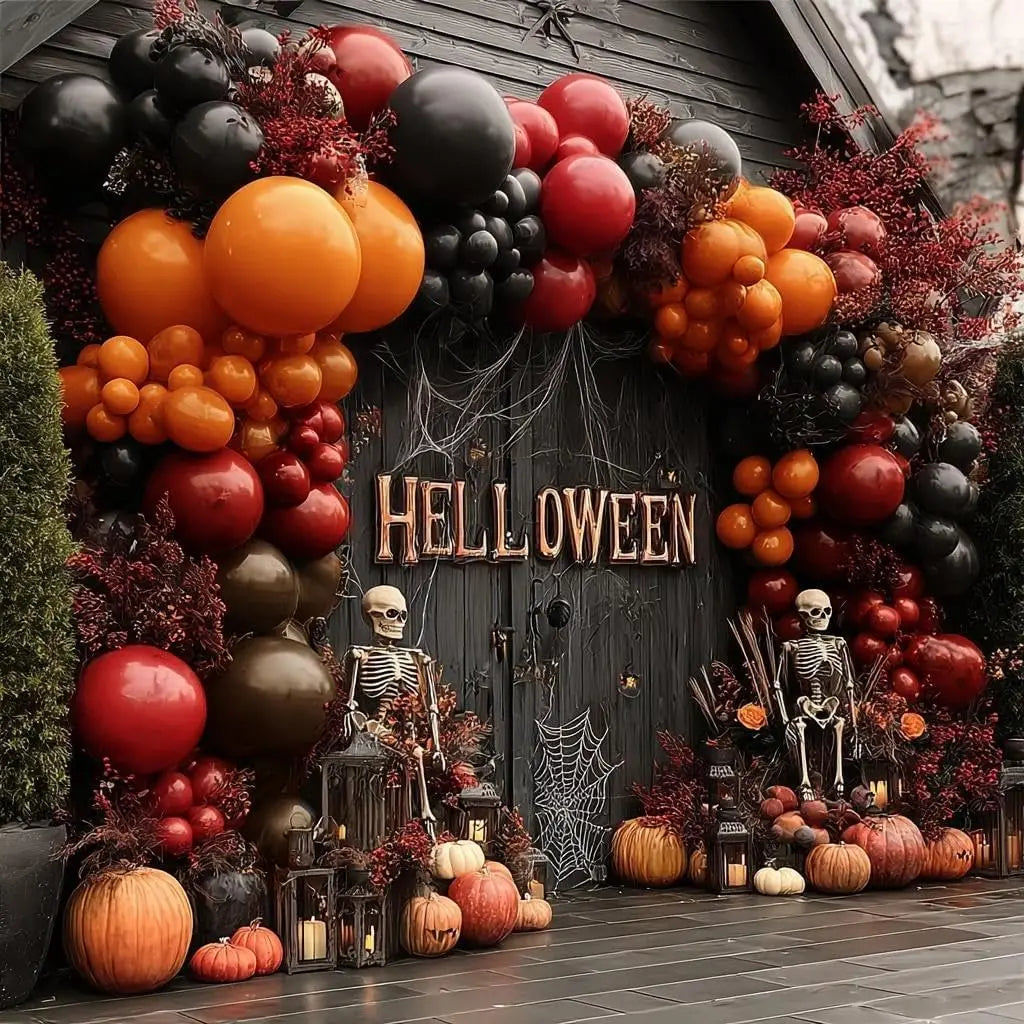 Halloween Balloon Garland, Double Stuffed Black Orange Red Dark Burgundy Brown Balloon Arch Kit for Halloween Decor Spooky Trick or Treat Fall Party Decorations