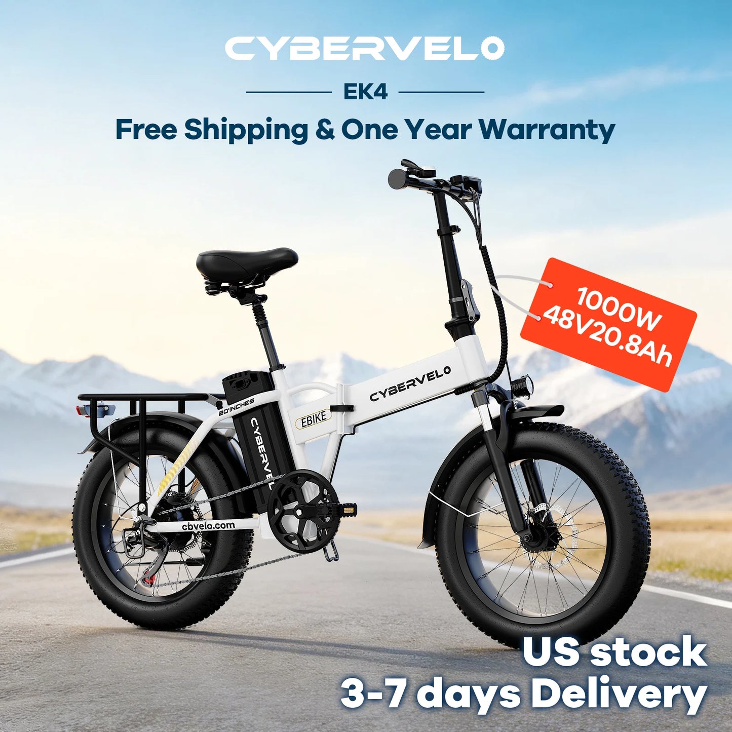 Cybervelo 1000W Peak High-speed Brushless Folding 20 Inch Fat Tire Electric Bike for Adults 48V 20.8Ah/50Ah Removable Battery 80 Miles Range Commuter E-Bicycle EK4
