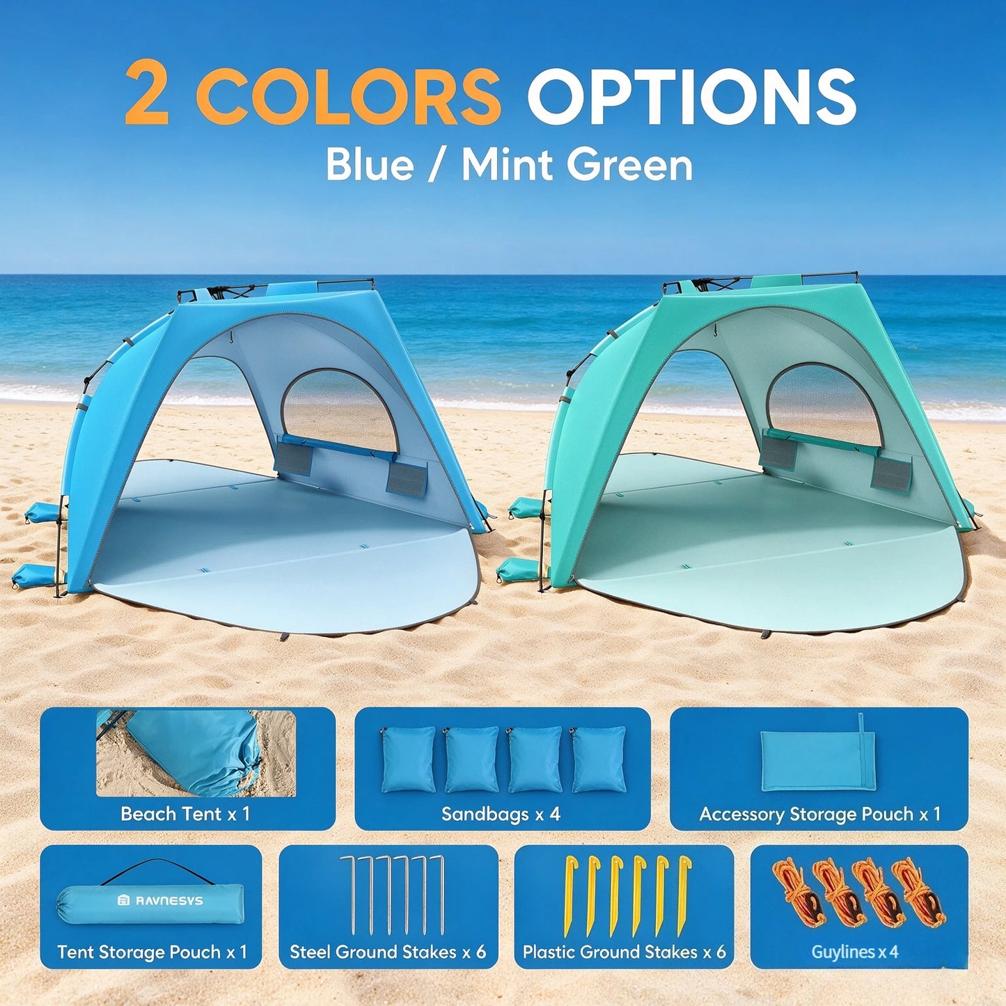 Beach Tent Sun Shelter for 5-6 Person, Pop Up Beach Canopy Waterproof Tarpaulin Awnings, UPF 30+ UV Protection, Breathable Mesh Window, Home Garden Party Tent,Portable Sun Shade Tent with Carrying Bag for Sands & Outdoor Beac