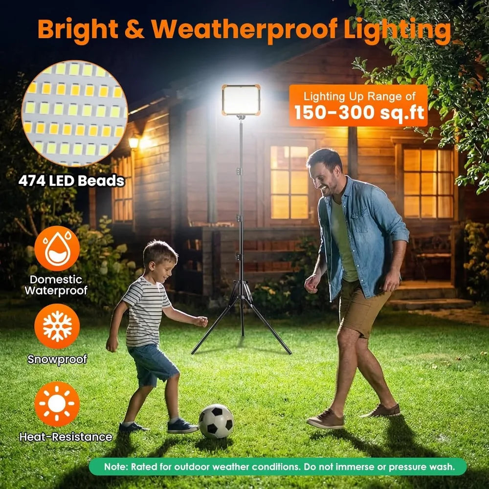 Portable Rechargeable Camping Light with Tripod, 12000mAh Solar LED Work Light, 5 Lighting Modes, Waterproof, for Camping, Car Repair & Emergency Use