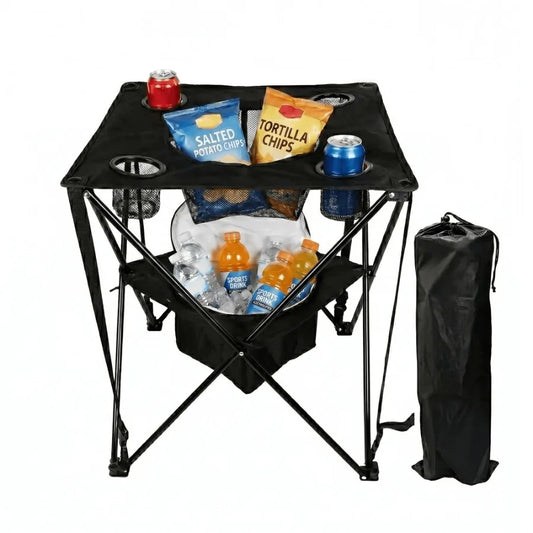 Collapsible Folding Camping Table with Insulated Cooler 4 Cup Holders Food Basket and Travel Bag Portable Tailgating Table for